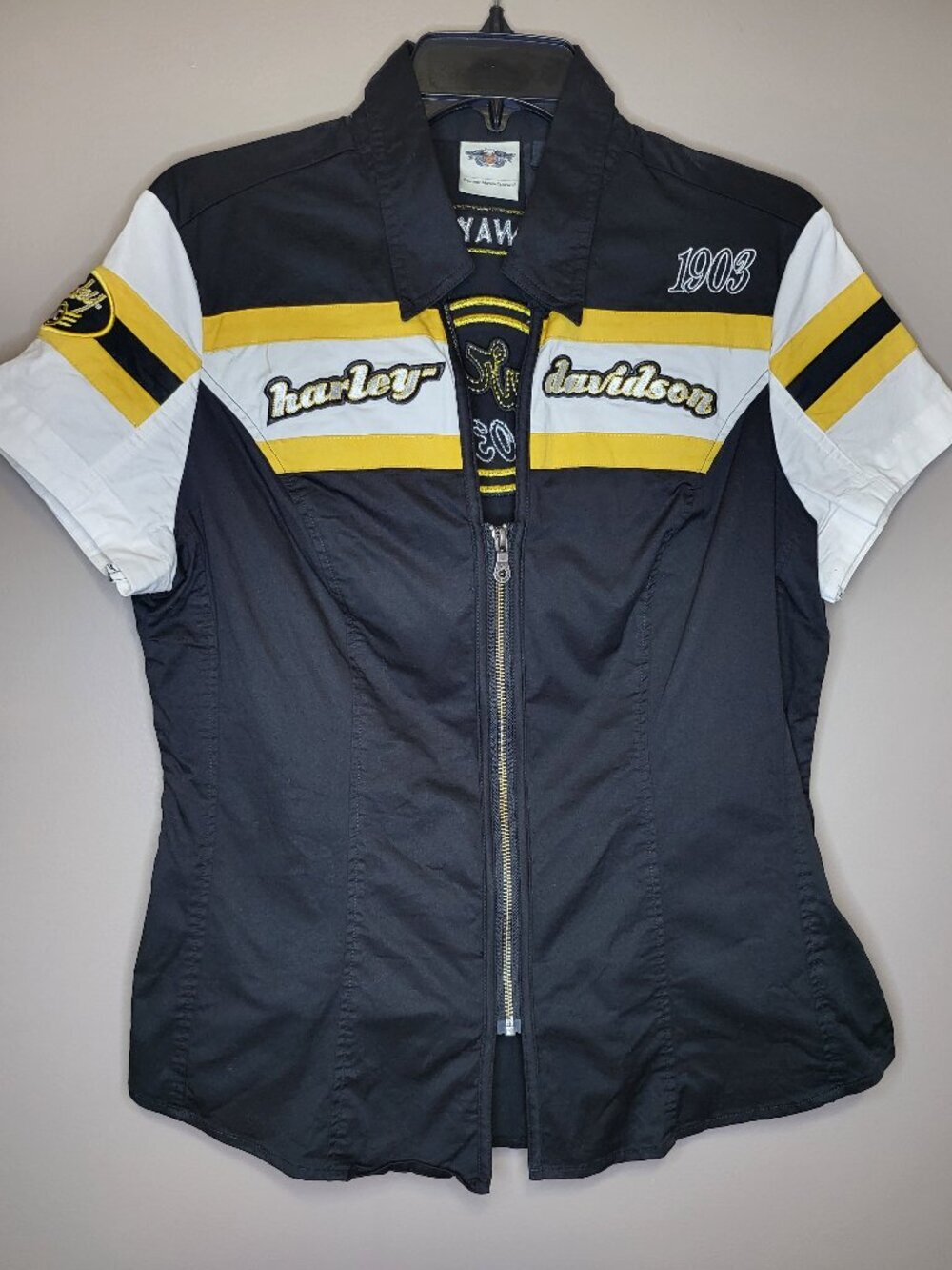 Harley-Davidson Speedway Spirit 1903 Zip Front Racing Shirt Womens Large Black